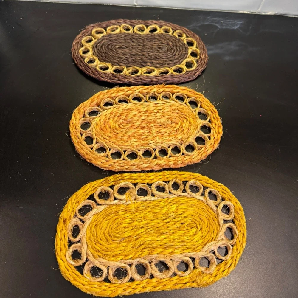 Vintage Woven Sisal Trivets Home Set of 3 Brown Orange Yellow Boho Rustic 10x6.5